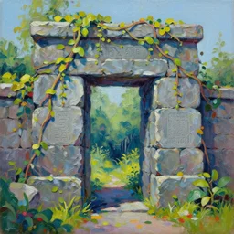 colorful alayna lemmer impasto!! acrylic painting of the slate stone gateway of a forgotten civilization. vines and creepers, stone etchings