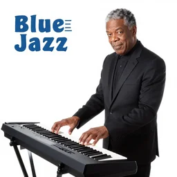 blue note jazz album cover of neil degrasse tyson playing keytar