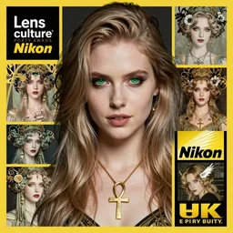 a vibrant professional studio portrait photography of a young, pale, goth, attractive female, piercing green eyes, wears a gold ankh cross necklace, femme fatale, friendly, casual, delightful, intricate, gorgeous, art nouveau, curated collection, annie leibovitz, nikon, awardwinning, breathtaking, groundbreaking, superb, outstanding, lensculture portrait awards, photoshopped, dramatic lighting, 8 k