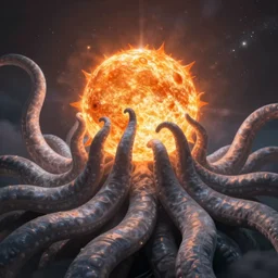 formless void tentacles from an unseen source devouring the sun and sucking out the plasma, trending on artstation, rich deep colors, 4 k, 8 k,