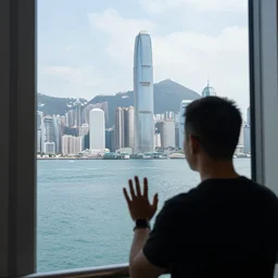 a person contemplating the bay and mountains of hong kong from the windows of a high - rise skyscrapper, a hand on the window
