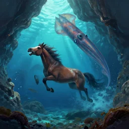 a horse trying to swim underwater, attacked by a giant squid, in underwater cavern, digital art