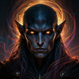 full face epic portrait, dark elf with glowing eyes, elden ring, matte painting concept art, midjourney, beautifully backlit, swirly vibrant color lines, majestic, cinematic aesthetic, smooth, intricate, 8 k, by ilya kuvshinov, artgerm, darius zawadzki and zdizslaw beksinski
