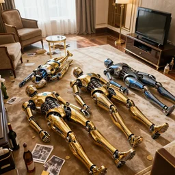 3 shiny golden and blue metallic futuristic integrate steampunk humanoid robots laying passed out in a luxury hotel room with empty bottles furniture all over the floor, a broken tv on the floor, pressphoto, dawn light, insanely detailed, 3 5 mm lens, wide shot