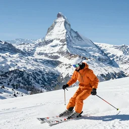 Lithography painting, skiing in Zermatt below the Matterhorn
