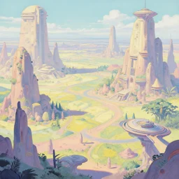 a scifi landscape,painting by Dan Mumford,by Tokio Aoyama,trending on artstation,intricate,2d,4k,pastel colors