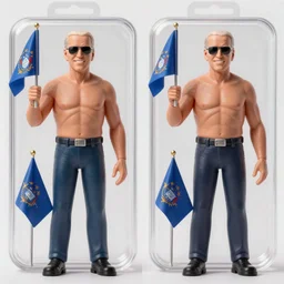 detailed action figures of shirtless joe biden wearing sunglasses and holding a delaware flag, first 4 figures, detailed product photo