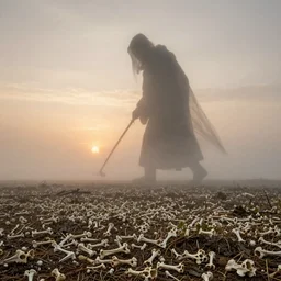 a field of tiny bones with a gigantic ghostly grim reaper walking in the horizon, in a sunset haze, foggy, photographic, by Rembrandt