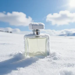 perfume bottle artistically buried in the snow, sunny day, white clouds blue skies