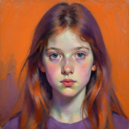 high quality high detail painting by lucian freud, hd, beautiful young girl portrait, orange and violet, photorealistic lighting