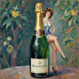 vintage, big champagne bottle. cancan girl sitting on the big bottle, french, realistic, cheerful, 1 9 0 2, art by renoir
