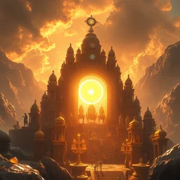 ancient indian metropolis, highly detailed crystal and gemstone relics, gold relics, bright sun magic hour, digital painting, solid cube of light, hard edges, artstation, sharp focus, illustration, 8 k highly detailed