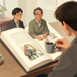 a human book having coffee with 3 teachers, art by greg manchess, guangjian, detailed digital art, artstation hd
