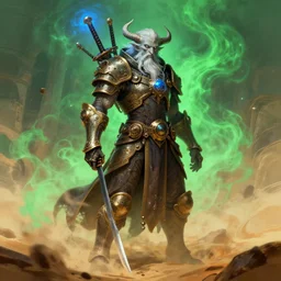 epic fantasy, D&D character, elder god steampunk, katana sandstorm, blue light, green fog, detailed illustration, hd, 4k, digital art, overdetailed art, concept art, by greg rutkowski, by Alfons Mucha, complementing colors, Trending on artstation, deviantart