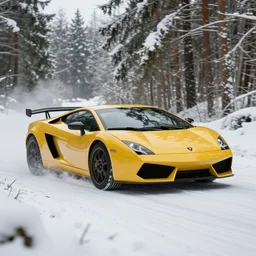 a 2 0 0 5 lamborghini gallardo, racing through a rally stage in a snowy forest