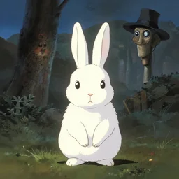 a white rabbit waits in front of volumetric light, anime film still from the an anime directed by Katsuhiro Otomo with art direction by Salvador Dalí, wide lens