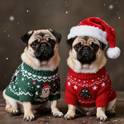 studio portrait of two pugs puppies, one with black hair and the other with fawn hair, wearing a winter christmas sweater and a red santa hat, snow flakes in the air, light from above, renaissance era oil painting, warm light