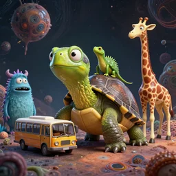 a strange bird turtle lizard giraffe rik mayal chimera creature waiting for the bus with other monsters, on an alien planet, platonic forms, in the style of shaun tan, sam shearon, dr seuss, leng jun, close up, glossy, beautiful, fantastic, wonderful, science fiction, dramatic lighting, high contrast, fractal background, 3 d sculpture 8 k octane render
