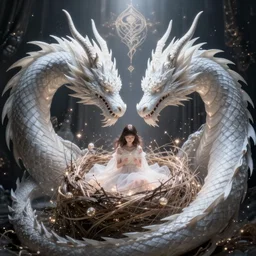 a white dragon aroud gril in the magic nest, ， magic light dust, intricate. symmetrical. dim lighting, unreal engine 5, concept art ， by greg rutkowski, loish, highly rendered, digital painting, artstation, artstation hq, mysterious toplight 8 k