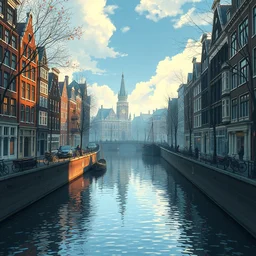 city of amsterdam, natural lighting, dreamy, intricate details, matte painting, illustration, by hayao miyazaki