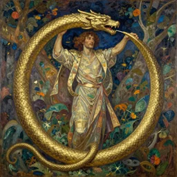 ouroboros, a serpent or dragon eating its own tail, cycle of life death and rebirth, alphonse mucha, detailed oil on canvas painting