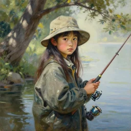 oil painting by ilya kuvshinov,, baugh casey, artgerm craig mullins, leyendecker, of a youthful japanese girl, long hair, fishing and wearing fisherman's outfit, fisherman's hat, highly detailed, breathtaking face, studio photography, noon, intense bounced light, water reflection, large tree casting shadow, serine intense sunlight