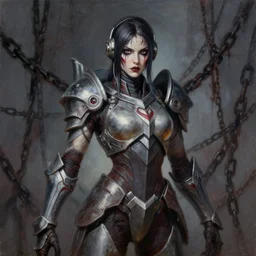 full figure, painting of tracer from overwatch, in style of zdzisław beksinski, horror, 4 k, feminine facial features, armor, armor, detailed face, tall, dark ropes and chains in background