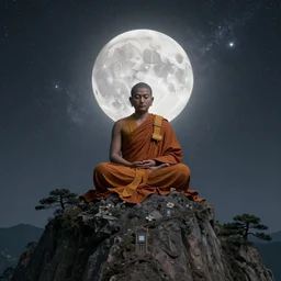 high definition render of a monk on top of a mountain, full moon, milky way, galaxy, buddhism, 8 k, intricate, highly detailed