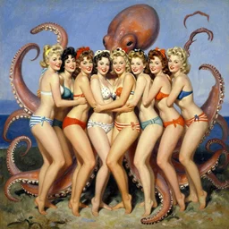1940s group of pinup bikini girls being hugged by giant octopus, oil painting, by Gil Elvgren