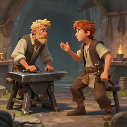 peasant boy!!! talking!!! to blacksmith!!!, artstation, fantasy