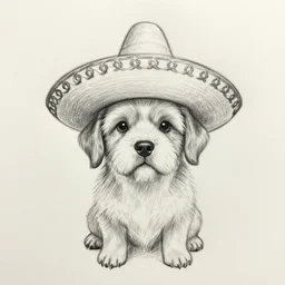a quick pencil sketch of a puppy wearing a small sombrero