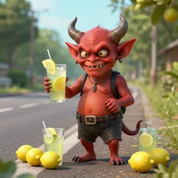 small demon selling lemonade beside the road, realistic, 8 k, extremely detailed, cgi, trending on artstation, hyper - realistic render, 4 k hd wallpaper, premium prints available, by greg rutkowski