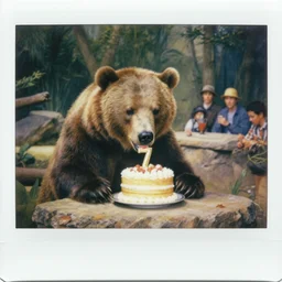 polaroid photo of a bear eating cake at his 7 0's birthday at a zoo, highly detailed painting by gaston bussiere, craig mullins, j. c. leyendecker