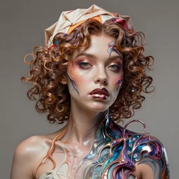 Vass Roland cover art body art future bass girl unwrapped smooth body fabric folds statue bust curls of hair petite lush front view body photography model full body curly jellyfish lips art contrast vibrant futuristic fabric skin jellyfish material metal veins style of Jonathan Zawada, Thisset colours simple background objective