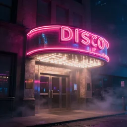 entrance to a disco club in new york with a neon sign at nightime, heavy mist, highly detailed, artstation, concept art