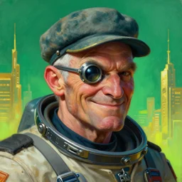 an intimate portrait of a gnarly human sky captain, old skin, faded cap, charming, strong leader, metal eye piece, a look of cunning, big smile, detailed matte fantasy painting, golden cityscape, green, teal, velvet, fluorescent