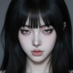 fantasy portrait of a beautiful pale - skinned girl with black hair and short bangs, the corners of the eyes are turned down, thin nose with piercing and a ring is inserted, brown eyes, long eyelashes, plump lips