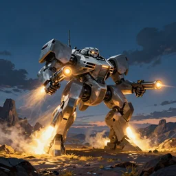 an armored core v by kashin, wadim, booster flares, legs, laser rifles, karst landscape, very smooly, dark blue sky, cloud, wilderness ground, golden time, twilight ; wide shot, digital painting, photoreal, cinematic contrast, dynamic backlighting, sharp edge, motion blur