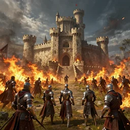 medieval knights sieging an org castle while surrounded by fire and angry , Fantasy Apocalypse, MMO, Digital Art, 8k, Unreal Engine 5