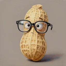 a peanut with human features, nerdy glasses and strange expression, realistic painting