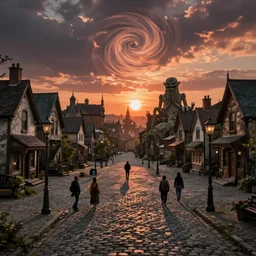 empty lovecraftian town square surrounded by houses and inns.  cthulhu statue. lovecraftian city at  sunset by cyril rolando and naomi okubo and dan mumford and ricardo bofill. lovecraft. cobbled streets. oil lamp posts. lovecraftian. sunset swirly sky.