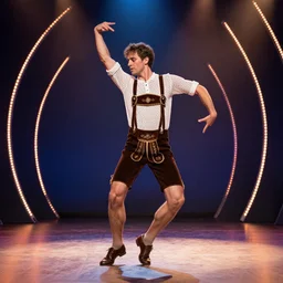 a danceing man in a mesh shirt and lederhosen and bendy lights