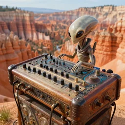 close up photograph of a strange surrealist detailed alien electronic-musical-instrument!!, designed by pixar!!,  in the background is a bryce 3d surrealist landscape biome, hyper detailed, photorealistic, 8k, hd