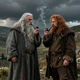 Gandalf and Tom Bombadil smoking pipe, fantasy style, by Don Maitz and Christophe Vacher,