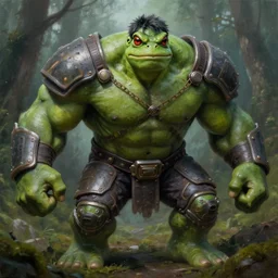 macro medium shot, rugged anthropomorphic muscular!!!!!!!!! oversized!!!!!!!! hulked!!!! frog as oversized green armored barbarian armored hunter wearing war sci - fi armor in deep forest, foggy, oil painting by greg rutkowski and rembrandt