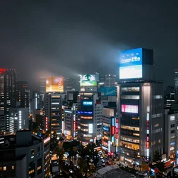 japanese cityscape, at night, high rises, billboard ads, neon signs, overcast, foggy, depressing, ominous, imposing, industrial, dramatic illumination, multi colored lighting, highly detailed, ultra realistic, 8 k, cityscape photography, by paul reiffler and andrew prokos