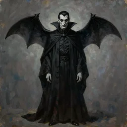 a vampire wearing a long black robe with large bat ears and gray sin, character art, painting by zdzisław beksinski