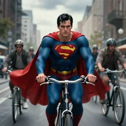 cinematic shot epic portrait superman riding a bicycle in the streets, atmospheric, cloudy, broad light, ambient occlusion, volumetric light effect, made by ivan aivazovsky, peter mohrbacher, greg rutkowski, ross tran, matte painting, trending on artstation, 4 k, perfectly defined features, digital painting, cinematic, epic, highly detailed,
