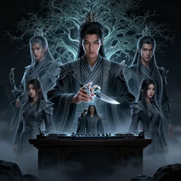 a warrior tear off finger with knife, dj booth with a bodhi tree : 6 character design : 2 midnight, illusion, stunning, breathtaking, majestic, asian fantasy, digital render, line art, unreal engine, de - noise, 8 k, volumetric lighting, symmetrical, pronounced features, detailed contrast, scattered mist, glow 3 d alejandro alvarez alena aenami