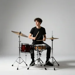 young drummer with sticks, studio photography, full body, standing, isolated on a pure white background, centered, whole figure in frame, sharp focus, studio lighting